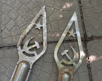 2 Original Soviet vintage flag tips,  authentic USSR,flagpole topper, flag final,  hammer and sickle, collectable, Soviet Star, cold war era