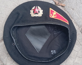 Vintage Soviet USSR Navy beret, black wool, red anchor badge, size 58. Original military collectible, Cold War era, naval memorabilia, gift