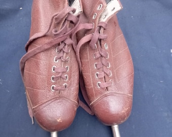 Soviet ice skates, vintage retro hockey skates, 1950', USSR original brown leather boots x65, 1954 year,size 42, Leningrad  factory