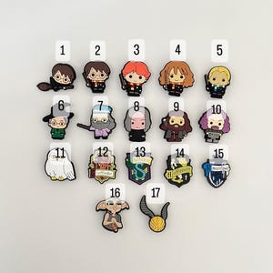 Könnte beinhalten: Eine Sammlung von 17 farbenfrohen Charms mit Charakteren und Symbolen aus einer Fantasy-Serie. Die Charms umfassen Figuren mit Brille, eine weiße Eule und Hauswappen. Die Charms sind von 1 bis 17 nummeriert.