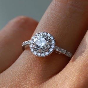 1.25 Carat Round Moissanite Halo Engagement Ring - 14K White Gold