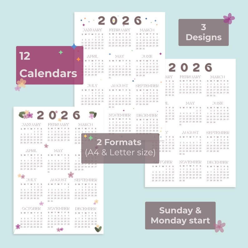 2026 Jahreskalender zum Ausdrucken, minimalistisch, Sterne, Floral (PDF
