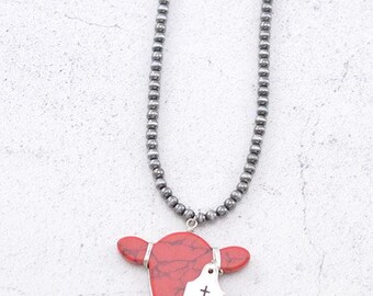 Howlite Cow Head  Pendant with Eartag Necklace - 16"