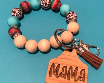 Mama Eartag, Serape Turquoise, Cow Print Bracelet Keychain | Custom Keychain | Leopard Silicone Wristlet Keychain