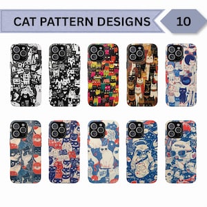 May include: Ten phone cases showcasing cat pattern designs. The cases display colourful and detailed illustrations of cats in diverse styles, including monochrome, vibrant, and vintage designs. The text "CAT PATTERN DESIGNS" is at the top.