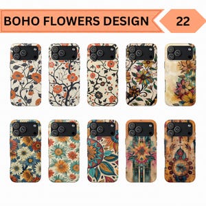 Puede incluir: Diez fundas para teléfono con diseños florales variados. Las fundas presentan patrones de flores naranjas, azules y amarillas, y diseños de mandalas. El texto "BOHO FLOWERS DESIGN" se muestra encima de las fundas.