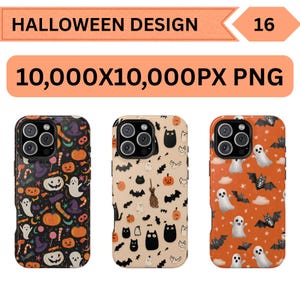 May include: Three phone cases with Halloween-themed designs. One case has a black background with pumpkins, ghosts, and witch hats. Another is tan with bats, cats, and pumpkins. The third is orange with ghosts and bats.