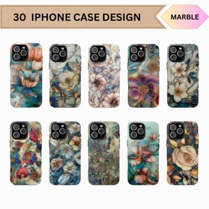 May include: A collection of ten iPhone cases with floral designs in various colors, including blue, pink, and gold. The cases feature a marble texture and the text "30 IPHONE CASE DESIGN".