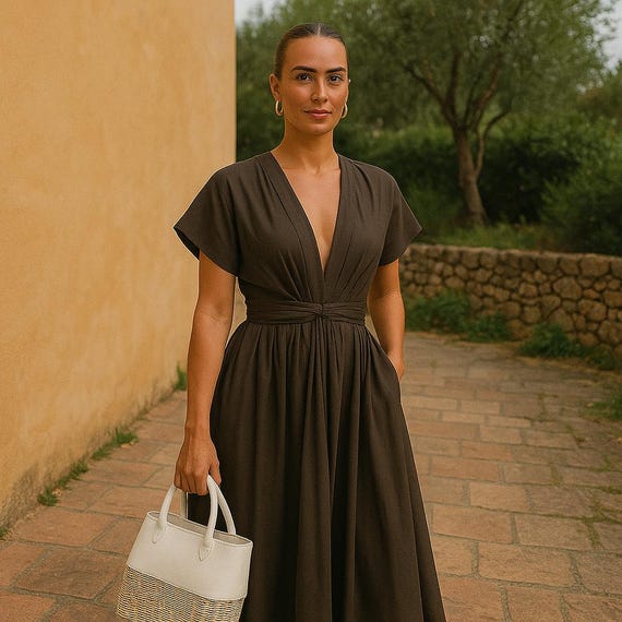 Olive Brown Boho Maxi Dress: Cinched Waist, Relaxed Fit Olive Brown Boho Maxi Dress: Cinched Waist, Relaxed Fit