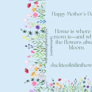 Tarjeta plegable imprimible para el Día de la Madre: diseño floral con borde y frase "Mi hogar está donde está mi mamá" (descarga instantánea)
