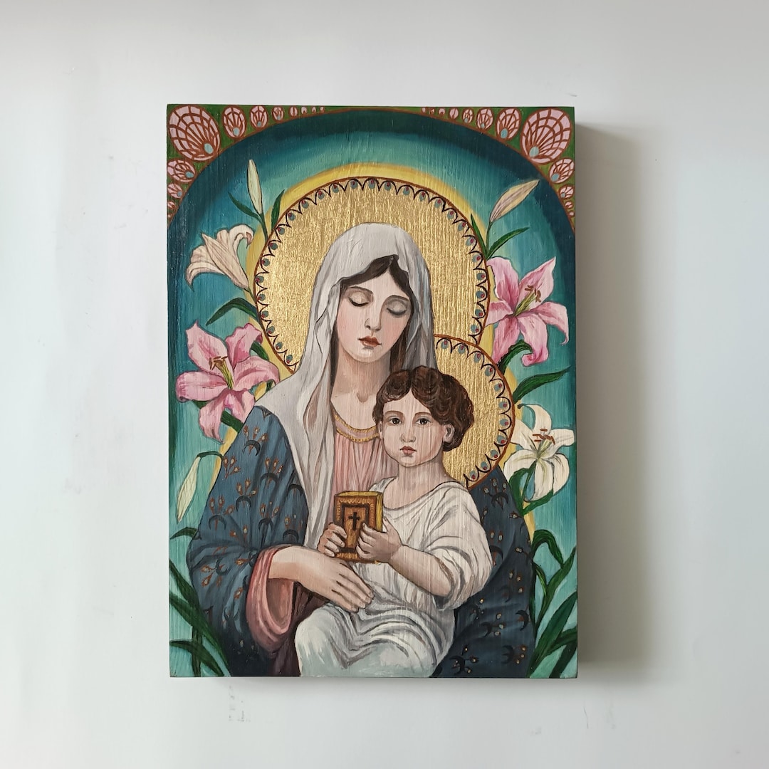 Virgin Mary and Child Oil Painting on Wood – Religious Wall Art – Hand ...