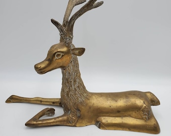Large Heavy Brass Antelope Deer Statue Figure Mid Century Bookend 14" long 11.5" tall