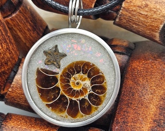 30mm Orgone Pendant Amulet Earth Connection Ammonite , Crinoid Star, Orgonite Elite Shungite EMF Talisman