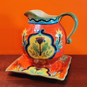 Talavera by Mexcera Hand Painted 64 oz Pitcher & 9" Square Plate Set Mexican Pottery