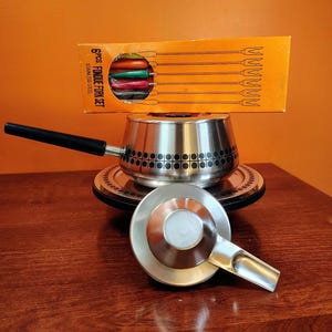 Vintage SIGG Switzerland Fondue Pot Set Stainless Steel Burner Tray Mid Century Modern Fondue Set No Stand