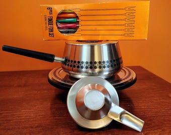 Vintage SIGG Switzerland Fondue Pot Set Stainless Steel Burner Tray Mid Century Modern Fondue Set No Stand