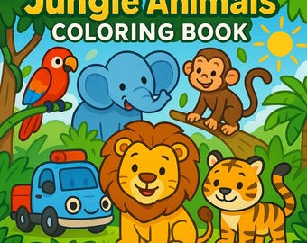 Peut inclure: Couverture de livre de coloriage pour enfants intitulé "Jungle Animals Coloring Book". Elle présente des illustrations de dessins animés d'un perroquet, d'un éléphant, d'un singe, d'un lion, d'un tigre et d'un camion bleu. Le livre est pour les enfants de 3 ans et plus et contient 21 pages amusantes.