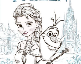May include: A black and white illustration featuring Elsa and Olaf from Disney's Frozen. Elsa has a long braid and is surrounded by flowers. The word "FROZEN" is written in blue above the characters.