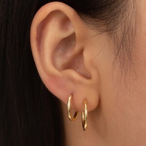 Minimalist & Dainty Sterling Silver Thin Huggie Hoop Earrings, Gold or Silver Small Hoop Earrings, 14mm 12mm, Simple Stacking Earrings