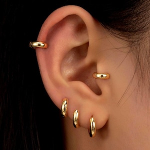 Sterling Silver Thick Huggie Hoop Earrings, Gold or Silver, Tiny Chunky Hoops for Multiple Piercings,  Hypoallergenic  & Lightweight Jewelry