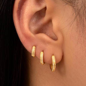 Pave CZ Gold Huggie Hoop Earrings in Sterling Silver, Gold or Silver, 6mm 8mm 10mm, Tiny Thick Hoops, Hypoallergenic & Minimalist Earrings