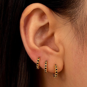 Black CZ Huggie Hoop Earrings, Gold or Silver, Diamond Stacking Hoops for Cartilage Helix Tragus 1st 2nd 3rd Earlobe Piercing, 5mm 6mm 8mm
