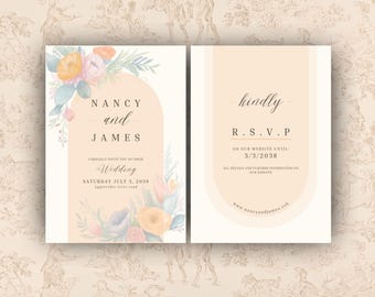 Conjunto de convites de casamento em tons pastéis e florais chiques – Design moderno e elegante