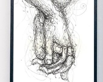 Love digital print - hand holding -  vine, line art, ink hand drawn - downloadable print