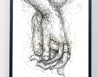 Love digital print - hand holding -  vine, line art, ink hand drawn - downloadable print