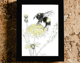 Bee on dandelion digital print - wildflower, botanical, flower, floral print - downloadable print - spring - polinators