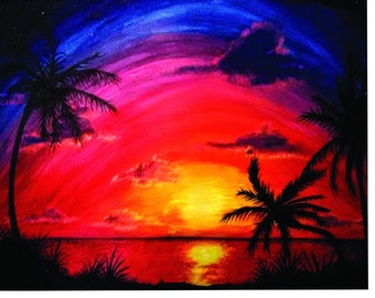 Sunset Greeting Cards Digital - downloadable digital - tropical sunset - painted sunset