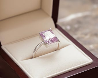 Förlovningsring med smaragdslipad rosa safir, sterlingsilver, labbet ädelsten, brudsmycken