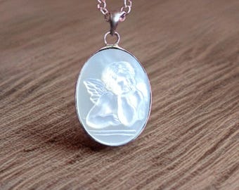 Angel Cameo Pendant Necklace, Mother of Pearl Cherub Charm, 925 Sterling Silver, Vintage Style Spiritual Jewelry, Religious Gift for Her