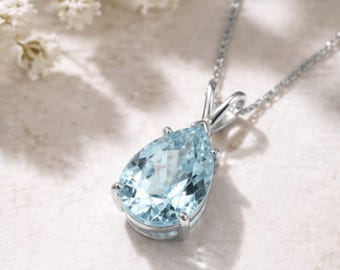Lab Grown Aquamarine Pendant 10x14mm Pear Cut | Sky Blue Gemstone Necklace Pendant | March Birthstone | Minimalist Pendant | Gift for Mom