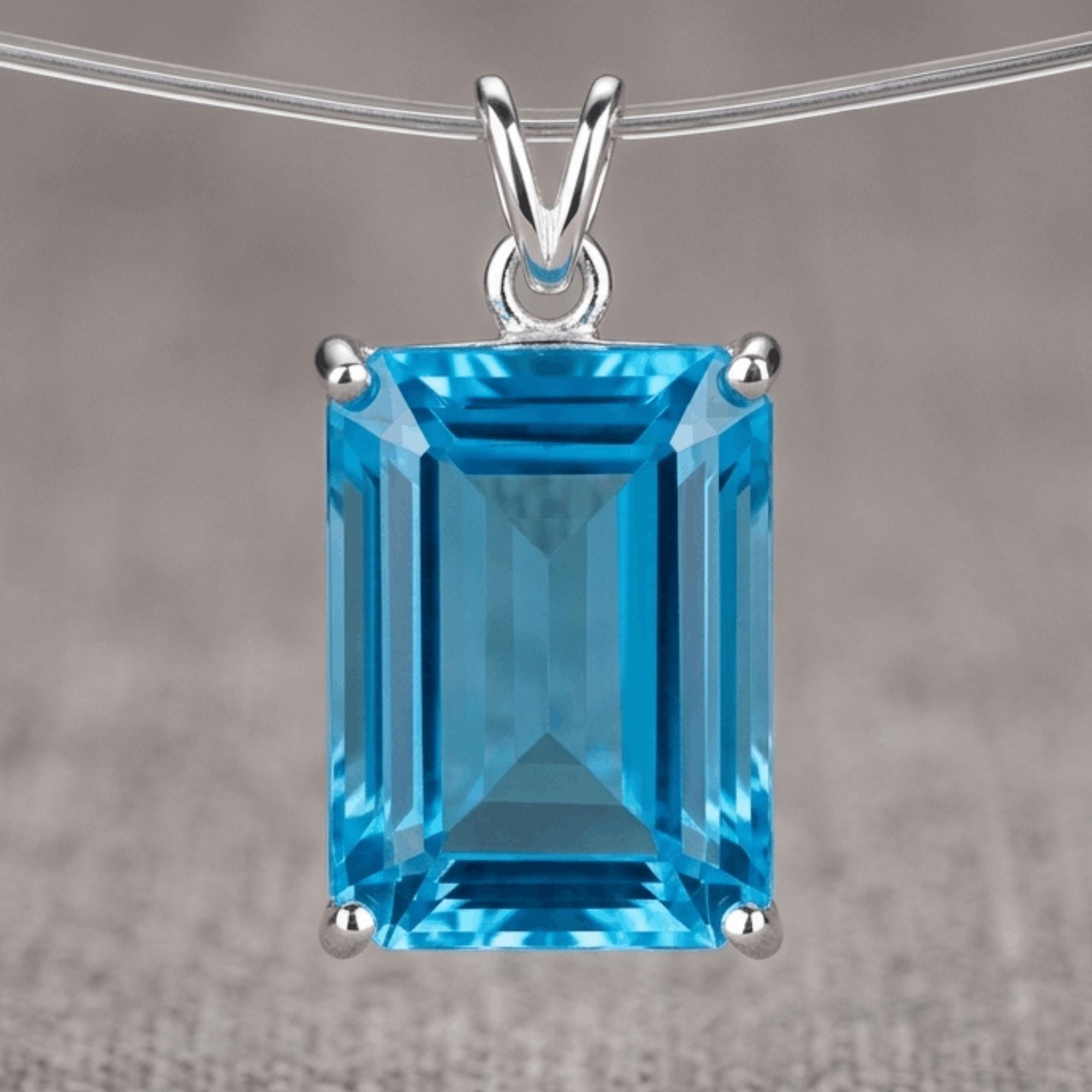 Emerald Cut Blue Topaz Pendant, 925 Sterling Silver, Minimalist Solitaire, December Birthstone