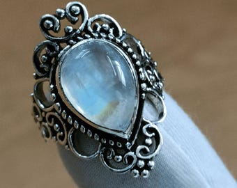 Sterling Silver Rainbow Moonstone Filigree Ring - Vintage Boho Jewelry