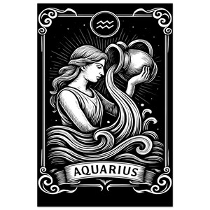 Estampa do Zodíaco de Aquário - Pôster Premium Fosco | Decoração de Arte em Preto e Branco do Zodíaco l Decoração de Cartas de Tarô