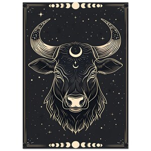 Impresión del zodiaco Tauro - Póster mate premium / Decoración artística en negro y dorado del zodiaco l Decoración con cartas del tarot