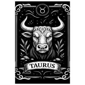 Impresión del zodiaco Tauro - Póster mate premium / Decoración artística en blanco y negro del zodiaco l Decoración con cartas del tarot