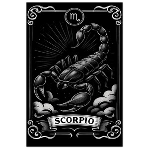 Impresión del zodiaco Escorpio - Póster mate premium / Decoración artística en blanco y negro del zodiaco l Decoración con cartas del tarot