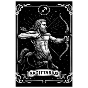 Impresión del zodiaco Sagitario - Póster mate premium / Decoración artística en blanco y negro del zodiaco l Decoración con cartas del tarot