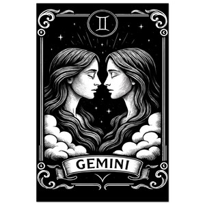 Impresión del zodiaco Géminis - Póster mate premium / Decoración artística en blanco y negro del zodiaco l Decoración con cartas del tarot