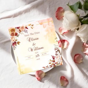 Aquarell Save the Date Hochzeit 20x20cm - Blush Rosa & Gold | Bearbeitbare Vorlage | Eleganter moderner Blumenstil | Sofort Download über Corjl