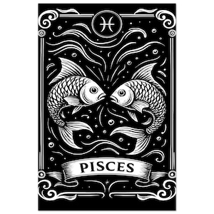 Impresión del zodiaco Piscis - Póster mate premium / Decoración artística en blanco y negro del zodiaco l Decoración con cartas del tarot