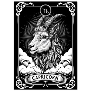 Impresión del zodiaco Capricornio - Póster mate premium / Decoración artística en blanco y negro del zodiaco l Decoración con cartas del tarot