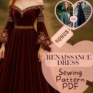 Renaissance Fantasy Dress Sewing Pattern PDF Velvet Princess Gown Medieval DIY Dress Victorian Viking Costumes Halloween Pattern Women
