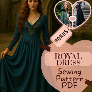 Medieval Renaissance Dress Sewing Pattern PDF Long Sleeve Princess Gown Medieval DIY Dress Victorian Viking Costumes Halloween Pattern Women