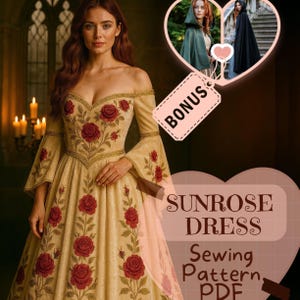 Sunrose Renaissance-jurk naaipatroon pdf prinsessenjurk middeleeuwse doe-jurk Victoriaanse Viking fantasie fee jurk patroon pdf-beginner