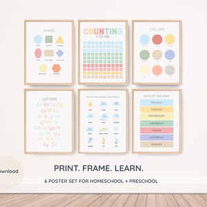 Set imprimible de arte mural para preescolar / Pósteres de aprendizaje en casa / Decoración educativa en tonos pastel para niños / Formas, colores, letras, clima