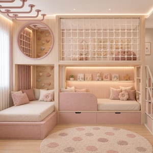 May include: A multi-level wooden bed structure featuring two lower beds with pink upholstered bases and drawers, a climbing wall with pink and blue holds, a circular mirror, a white rope safety net, and a round rug with pink polka dots.